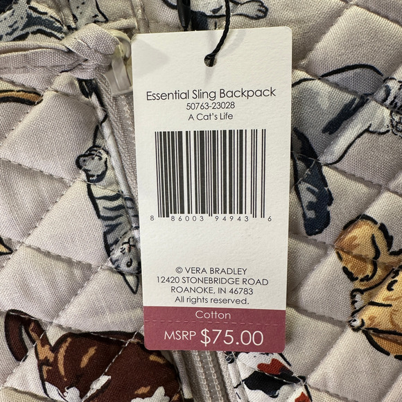 New Vera Bradley A Cats Life Essential Sling Backpack Cotton Beige - Picture 5 of 5